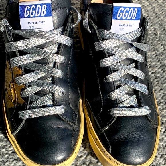 GOLDEN GOOSE HI STAR BLACK LEATHER TRAINERS GOLD DETAIL THICK SOLE EUC SIZE 37 - Picture 7 of 16